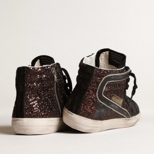 Golden Goose Slide Sneakers In Brown Glitter With Black Leather Star And Flash GWF00115.F003977.81993