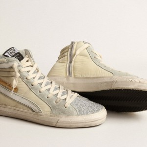 Golden Goose Slide Sneakers In Ivory Nylon With White Leather Star And Flash GWF00115.F004052.82136