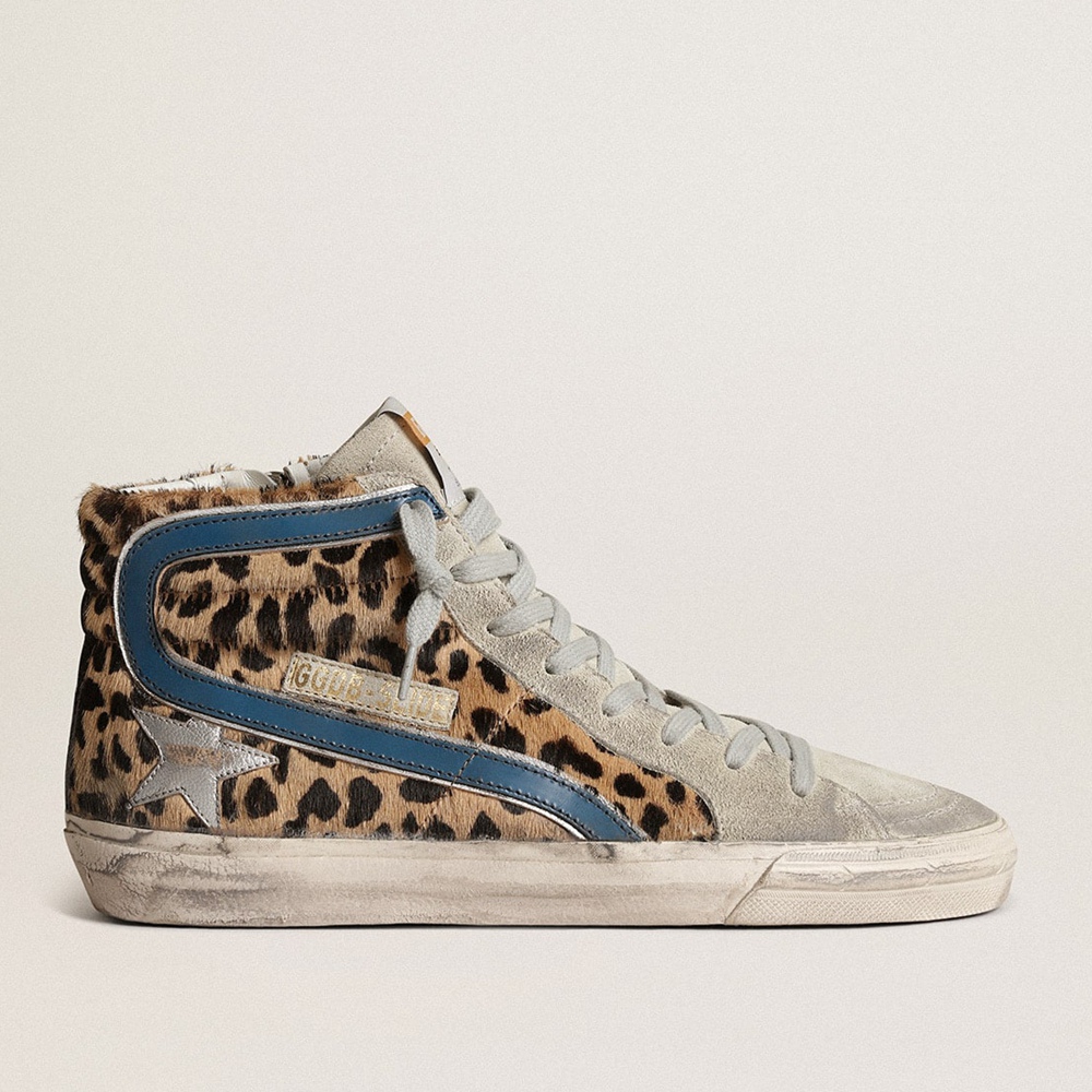 Golden Goose Slide Sneakers In Leopard Print Pony Skin With Silver Leather Star GWF00115.F003484.81835