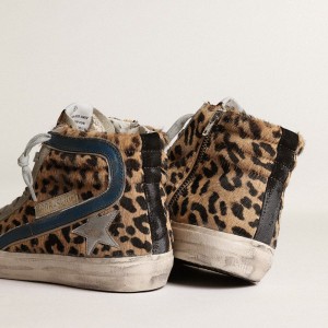 Golden Goose Slide Sneakers In Leopard Print Pony Skin With Silver Leather Star GWF00115.F003484.81835