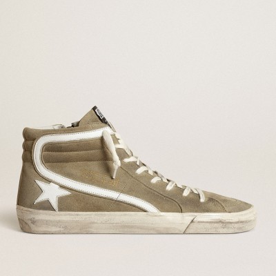 Golden Goose Slide Sneakers In Military Green Suede With Star And White Flash GMF00115.F003778.35827