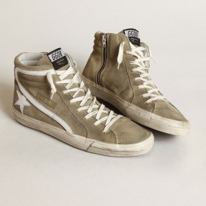 Golden Goose Slide Sneakers In Military Green Suede With Star And White Flash GMF00115.F003778.35827