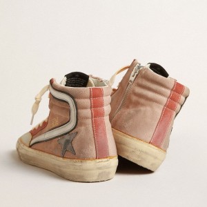 Golden Goose Slide Sneakers In Pink Suede With Anthracite Laminated Leather Star GWF00477.F004073.55521