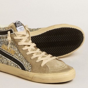 Golden Goose Slide Sneakers In Platinum Glitter With Leopard-print Pony Skin Star And Black Flash GWF00115.F005248.82515