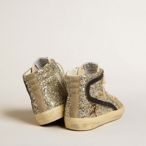 Golden Goose Slide Sneakers In Platinum Glitter With Leopard-print Pony Skin Star And Black Flash GWF00115.F005248.82515