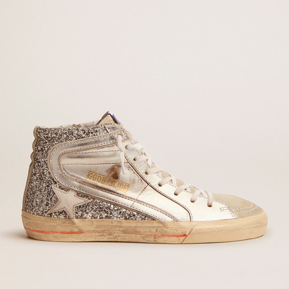 Golden Goose Slide Sneakers With Laminated Leather Upper And Silver Glitter GWF00116.F001046.70160