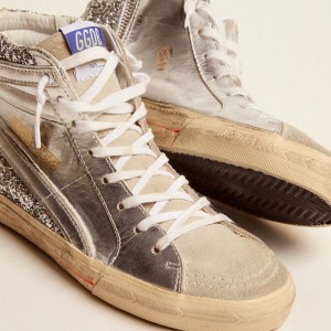 Golden Goose Slide Sneakers With Laminated Leather Upper And Silver Glitter GWF00116.F001046.70160