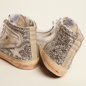 Golden Goose Slide Sneakers With Laminated Leather Upper And Silver Glitter GWF00116.F001046.70160