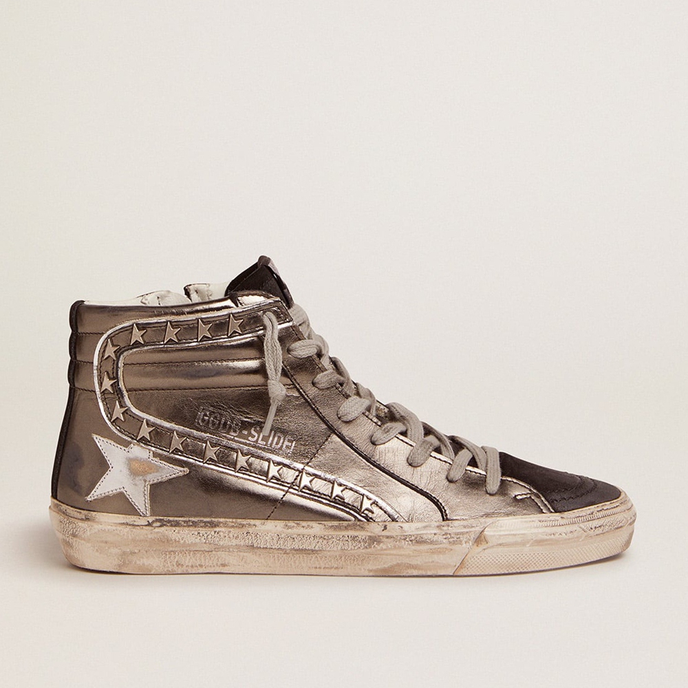 Golden Goose Slide Sneakers With Silver Laminated Leather Upper And Studs GWF00115.F001711.90179