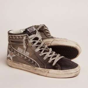 Golden Goose Slide Sneakers With Silver Laminated Leather Upper And Studs GWF00115.F001711.90179