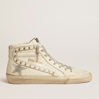 Golden Goose Slide Sneakers With Silver Metallic Leather Star And Leather Flash With Stars GWF00115.F005160.10449