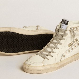 Golden Goose Slide Sneakers With Silver Metallic Leather Star And Leather Flash With Stars GWF00115.F005160.10449