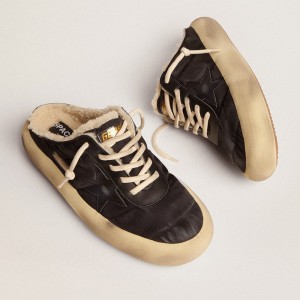 Golden Goose Space-Star Sabot Sneakers In Quilted Black Nylon With Shearling Lining GMF00349.F003002.90100