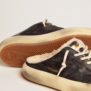 Golden Goose Space-Star Sabot Sneakers In Quilted Black Nylon With Shearling Lining GMF00349.F003002.90100