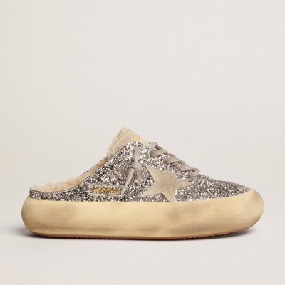 Golden Goose Space-Star Sabot Sneakers In Silver Glitter And Shearling Lining GWF00322.F002999.70136