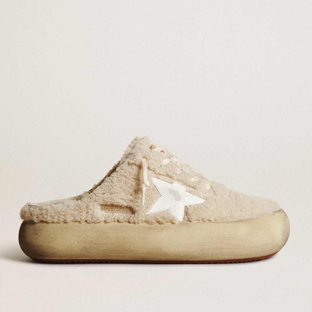 Golden Goose Space-Star Sabots Sneakers In Beige Shearling With White Leather Star GWF00349.F003333.15292