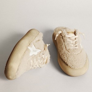 Golden Goose Space-Star Sabots Sneakers In Beige Shearling With White Leather Star GWF00349.F003333.15292