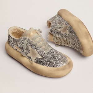 Golden Goose Space-Star Sneakers In Silver Glitter With Shearling Lining GWF00346.F002998.70136