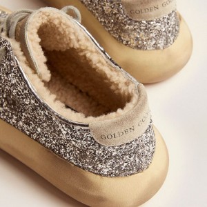 Golden Goose Space-Star Sneakers In Silver Glitter With Shearling Lining GWF00346.F002998.70136