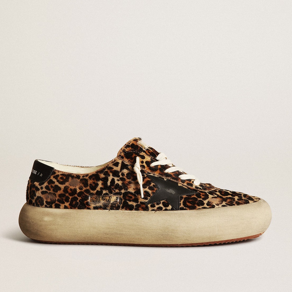 Golden Goose Space-Star Sneakers In Leopard Print Pony Skin With Black Star And Heel GMF00378.F003305.81472