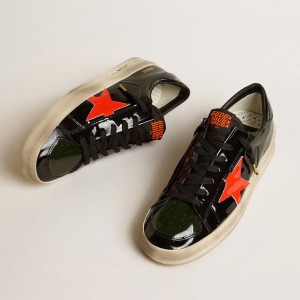 Golden Goose Stardan LAB Sneakers In Black And Green Patent Leather With Orange Star GMF00304.F005084.82475