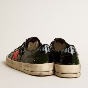 Golden Goose Stardan LAB Sneakers In Black And Green Patent Leather With Orange Star GMF00304.F005084.82475