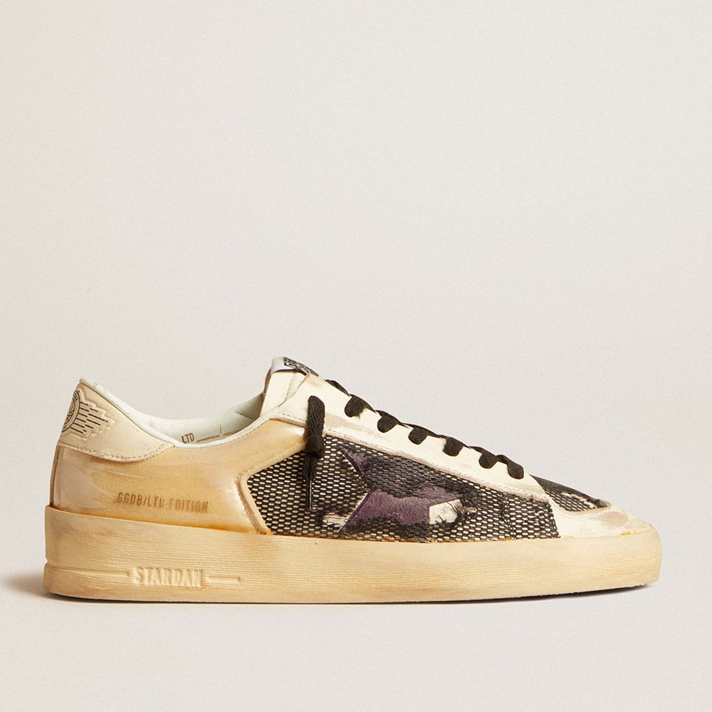 Golden Goose Stardan LAB Sneakers In Ecru Nappa And Mesh With Purple Leather Star GMF00370.F004404.15462