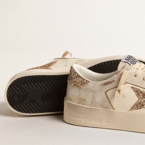 Golden Goose Stardan Sneakers In Ecru Nappa Leather With Gold Glitter Star And Heel Tab GWF00128.F004550.11490