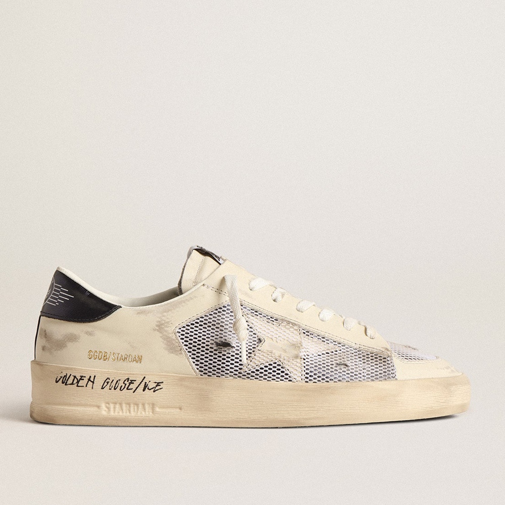 Golden Goose Stardan Sneakers In White Leather And Mesh With Blue Metallic Heel Tab GMF00580.F004567.10768