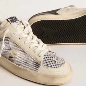 Golden Goose Stardan Sneakers In White Leather And Mesh With Blue Metallic Heel Tab GMF00580.F004567.10768