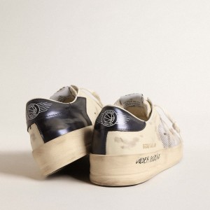 Golden Goose Stardan Sneakers In White Leather And Mesh With Blue Metallic Heel Tab GMF00580.F004567.10768