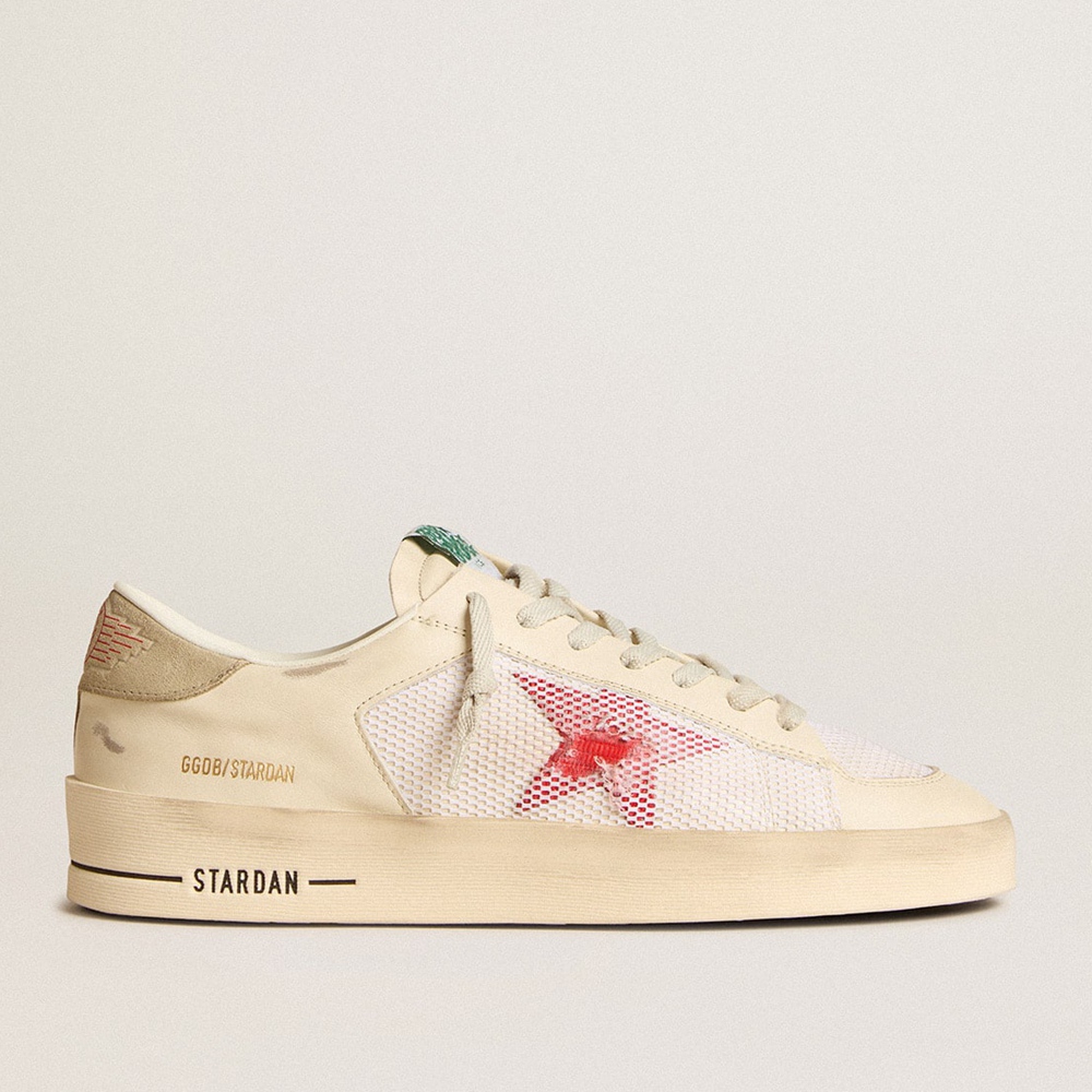 Golden Goose Stardan Sneakers In White Leather And Mesh With Red Star And Sand-colored Heel Tab GMF00370.F006046.11892