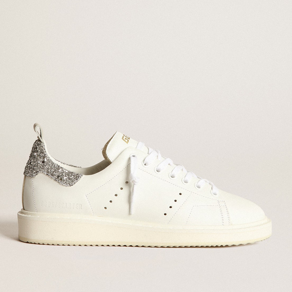 Golden Goose Starter Sneakers In White Leather With Silver Glitter Heel Tab GWF00127.F003737.80185