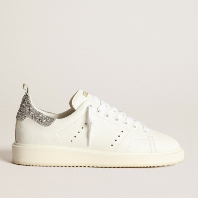 Golden Goose Starter Sneakers In White Leather With Silver Glitter Heel Tab GWF00127.F003737.80185