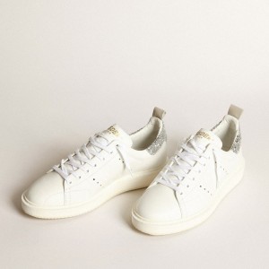 Golden Goose Starter Sneakers In White Leather With Silver Glitter Heel Tab GWF00127.F003737.80185