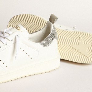 Golden Goose Starter Sneakers In White Leather With Silver Glitter Heel Tab GWF00127.F003737.80185