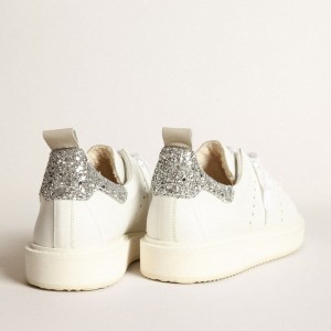 Golden Goose Starter Sneakers In White Leather With Silver Glitter Heel Tab GWF00127.F003737.80185