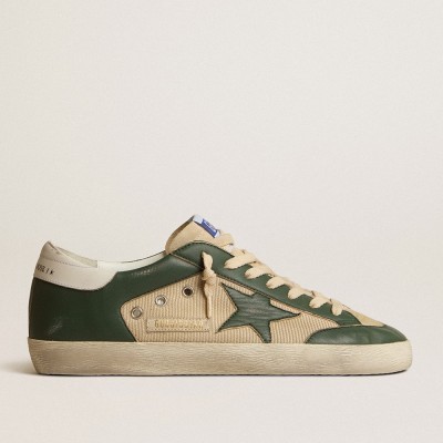 Golden Goose Super-Star LTD Sneakers In Cream Mesh And Green Nappa With Nappa Star GMF00108.F004590.82302