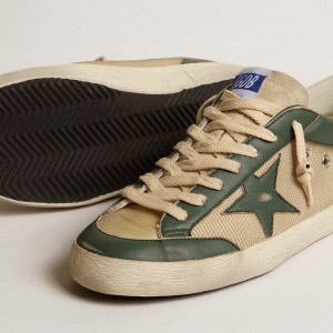 Golden Goose Super-Star LTD Sneakers In Cream Mesh And Green Nappa With Nappa Star GMF00108.F004590.82302