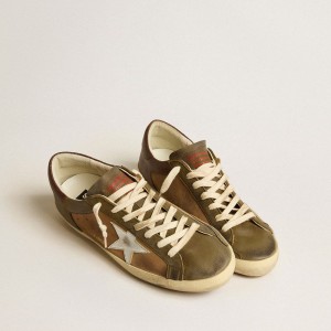 Golden Goose Super-Star LTD Sneakers In Green Leather And Tobacco-colored Suede With Silver Star GMF00103.F005172.82501