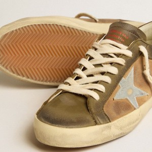 Golden Goose Super-Star LTD Sneakers In Green Leather And Tobacco-colored Suede With Silver Star GMF00103.F005172.82501