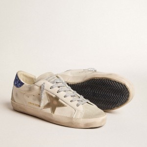 Golden Goose Super-Star LTD Sneakers In Nappa Leather With Platinum Star And Blue Glitter Heel Tab GWF00102.F005847.11859