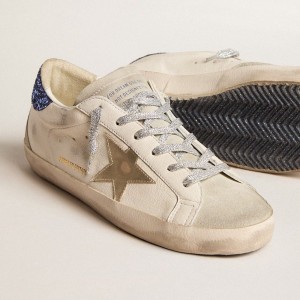 Golden Goose Super-Star LTD Sneakers In Nappa Leather With Platinum Star And Blue Glitter Heel Tab GWF00102.F005847.11859