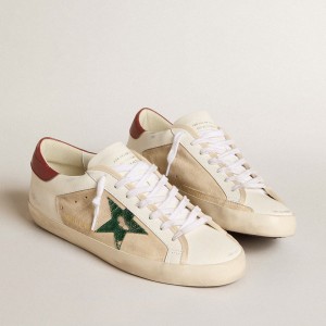 Golden Goose Super-Star LTD Sneakers In Suede With Green Metallic Star And Red Heel Tab GMF00103.F006002.82678