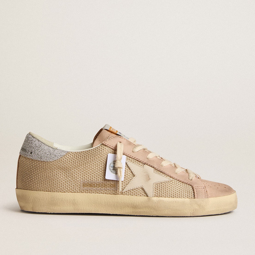 Golden Goose Super-Star LTD Sneakers In White Mesh And Pink Nubuck With Swarovski Crystals Heel Tab GWF00101.F005921.15600