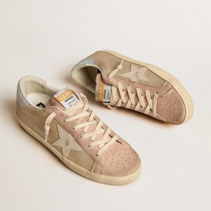 Golden Goose Super-Star LTD Sneakers In White Mesh And Pink Nubuck With Swarovski Crystals Heel Tab GWF00101.F005921.15600