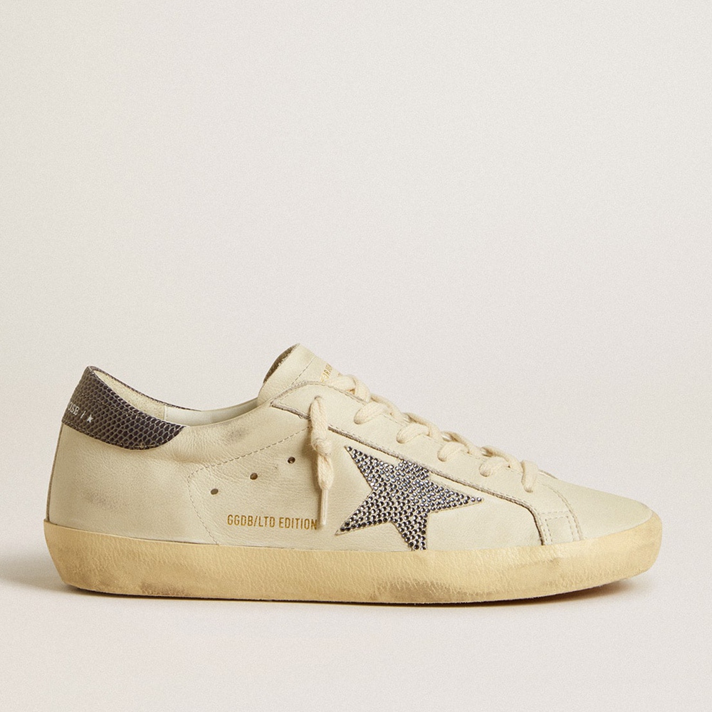 Golden Goose Super-Star LTD Sneakers With Blue Leather Star And Detail With Chains And Pearls GWF00101.F005870.10793