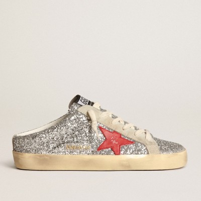 Golden Goose Super-Star Sneakers Sabot Sneakers In Silver Glitter With Red Leather Star GWF00110.F003780.81521