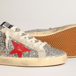 Golden Goose Super-Star Sneakers Sabot Sneakers In Silver Glitter With Red Leather Star GWF00110.F003780.81521