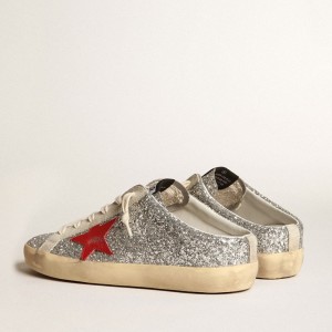 Golden Goose Super-Star Sneakers Sabot Sneakers In Silver Glitter With Red Leather Star GWF00110.F003780.81521